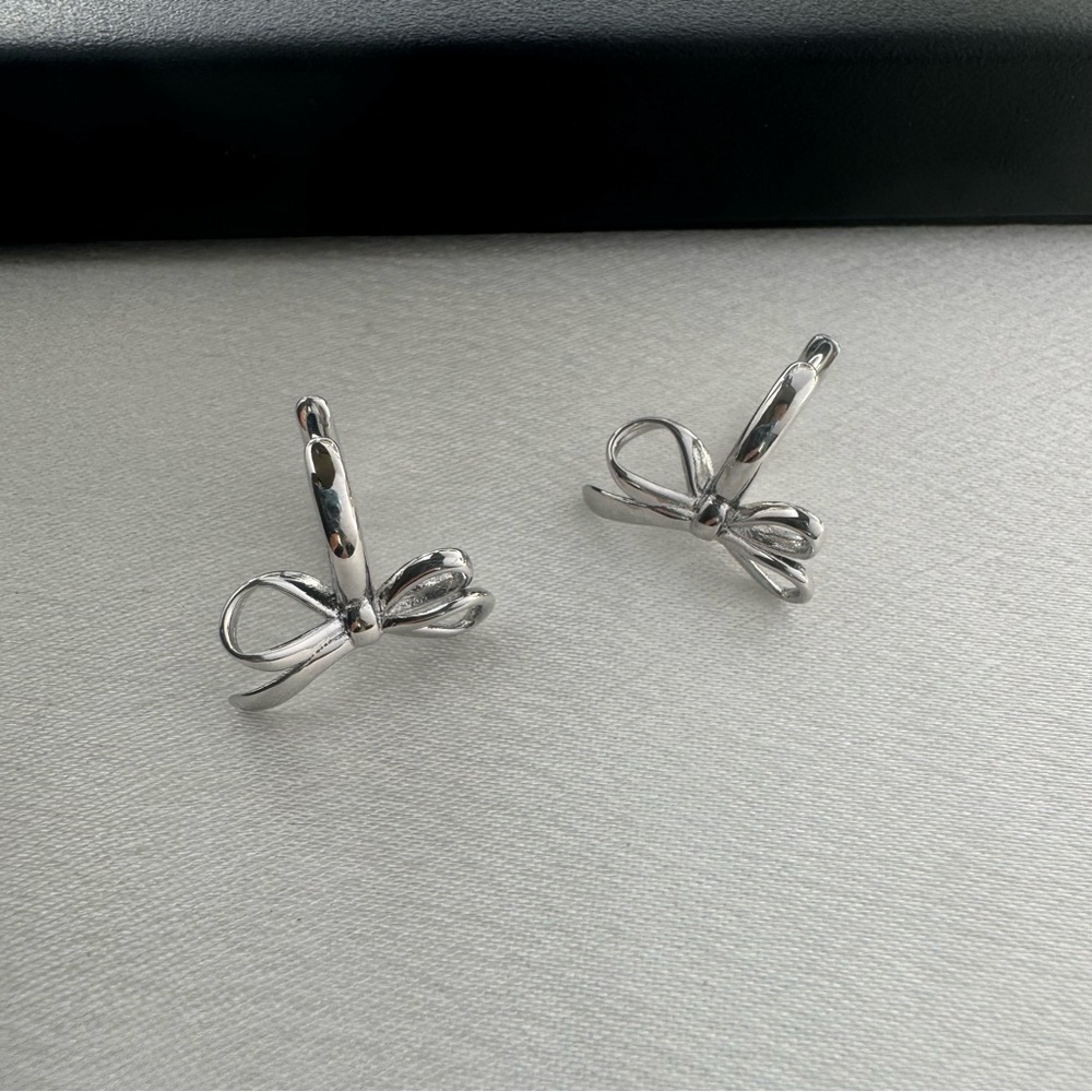 Huggie Bow Silver Hoop Earrings for Women - Picture 3 of 5